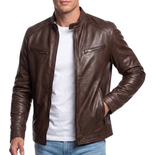 Image of Men Cafe Racer Motorcycle Style Solid Leather Jacket Slim Fit Motorcycle Brown Cafe Racer Leather Jacket
