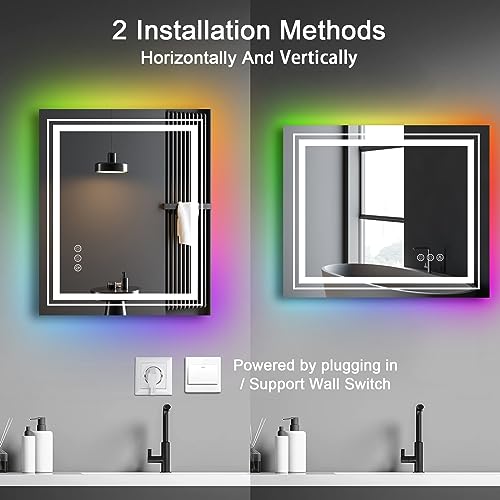 LED Mirror for Bathroom, 20"X28" with 8 RGB Backlit +3 Front Lit (Adjustable Individually), Anti-Fog, Lighted Bathroom Vanity Mirror for Wall, Shatterproof, Memory Function, Tempered Glass