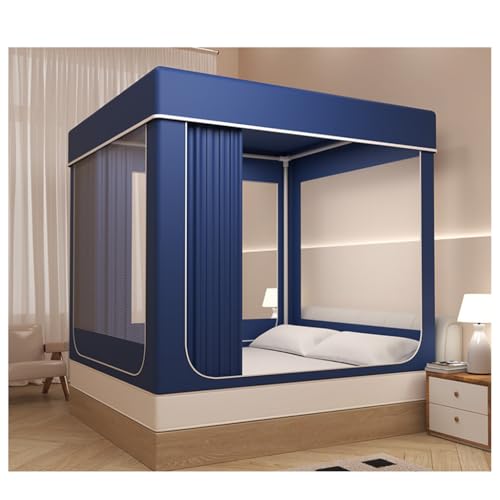 Jshigogo 蚊帳 テント かや ベッドテント 底付き 遮光カーテン付き 虫除けネット 密度が高い 蚊よけ ムカデ対策 防塵 全方位 遮光 転落防止 通気性よい 組み立て簡単 収納便利 ドア設計 夏の対策 目隠し お洒落 寝室 学生寮 男女兼用 (ダークブルー,幅1.2×奥行1.9m)のサムネイル