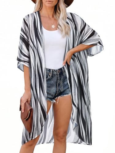 Kimonos for Women Swimsuit Coverup Cardigan, Black White Gray Stripes,S | JOELLYUS Loose Breathable Chiffon Cover Up Soft Long Kimono 3/4 Sleeve Lightweight Vacation Cardigans Leisure Party Pool 2026