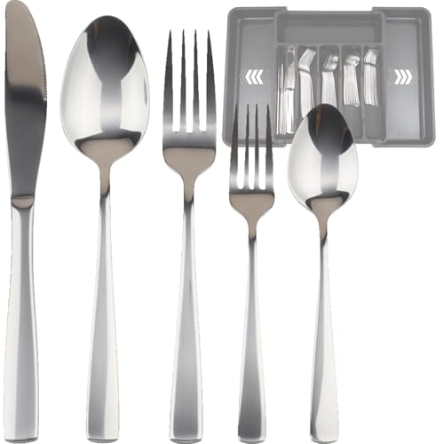 Set posate 6 persone (30 pezzi) con portaposate da cassetto espandibile. Set posate acciaio inox con porta posate cucina cassetto incluso. Set forchette cucchiai e coltelli (30 pezzi)
