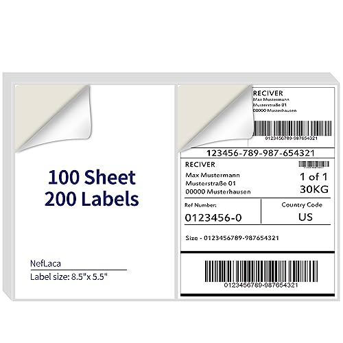 Image of 8.5 x 5.5 Half Sheet Shipping Labels for Laser and Inkjet Printers, 2 Per Page Self Adhesive Mailing Labels, White Blank Labels [100 Sheet 200 Labels]
