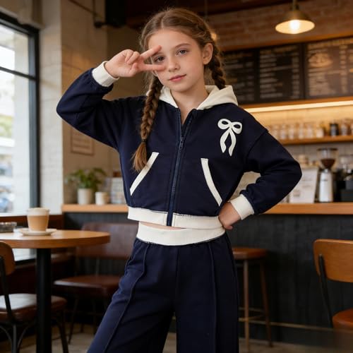Image of Yoxindax Girls' 2-Piece Clothes Bow Print Zip-Up Hoodie Contrast-Color Wide-Leg Pants Winter 7-14Y Outfits Set
