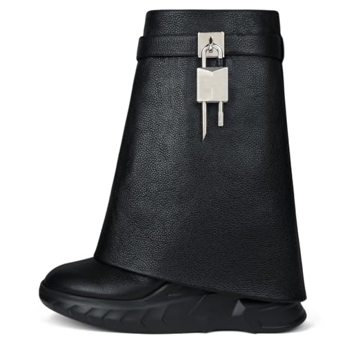 Women's Padlock Ankle Boots Fold Over Wedge Boots Platform Round Toe Mid Calf Biker Boot Fashion Comfort Booties