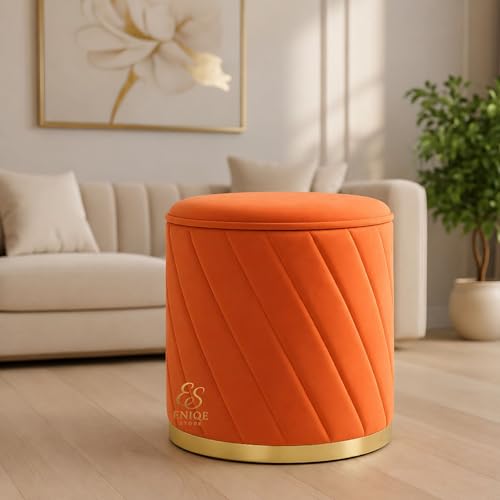 Image of Luxury Round Velvet Ottoman Stool with Gold Base - Modern Upholstered Footrest Pouffe, Tufted Vanity Seat, Living Room Bedroom Dressing Stool (Orange)