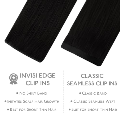 Image of WENNALIFE Invisible Edge Seamless Clip in Hair Extensions Real Human Hair | 14'' 111g 7pcs Jet Black. Ultra-Thin PU Weft, Easy, Comfortable Clip in Luxury Remy Hair Extensions