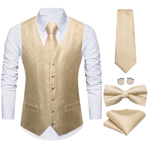 Barry.Wang Men's Suit Vest Tie Bowtie Set Formal Silk Paisley Waistcoat Hanky Cufflinks Lapel Pin Set Wedding Party 7PCS4