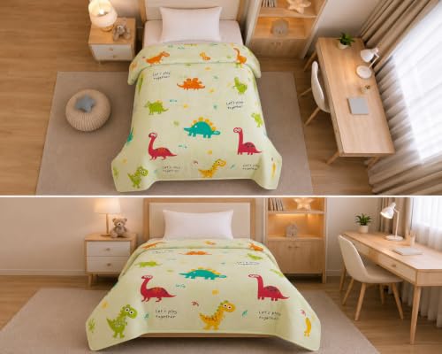 Image of Filymore Kids Comforter for Single Bed 90 x 60 Inches | Green Dinosaur Print Comforter | Soft Microfiber Reversible AC Blanket | Lightweight All Season Quilt for Boys & Girls | Ultra Soft Bedding