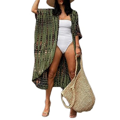 Bsubseach Stylish Tie Dye Open Front Long Kimono Swimsuit Cover Up for Women Swimwear Cover Ups Army Green