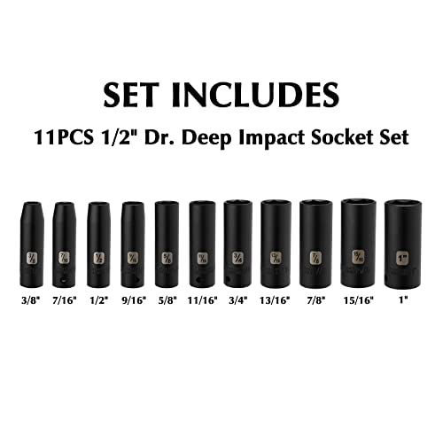 Image of EMENTOL 11PCS 1 /2 inch Drive Deep Impact Socket Set, 6-Point, CR-V, 11 Pieces 1 /2-Inch SAE Sockets, 3 /8 Inch - 1 Inch