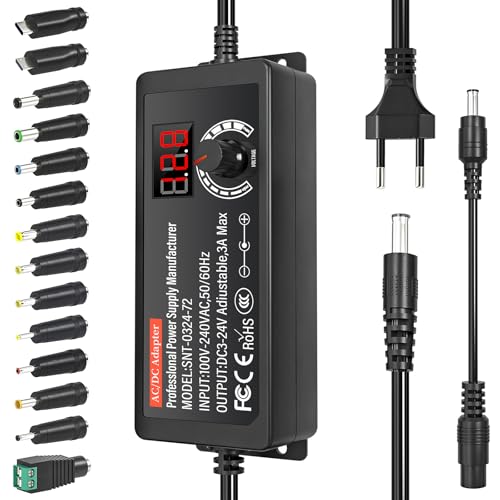 72W Fuente de alimentación Universal Regulable 3V - 24V 5A Adaptador Universal de CA/CC 100V-240V Cargador Universal Portatil con Pantalla LED y 14 Puntas y convertidor de Polo, 3 A máx