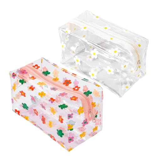 Image of MAYCREATE2Pcs PVC Waterproof Zipper Pouch Bags Stylish Floral Prints Makeup Cosmetic Travel Toiletries Bags for Daily or Travel, Utility Storage Zipper Bag Office Stationeries Organizer Bag, 18x9x9cm