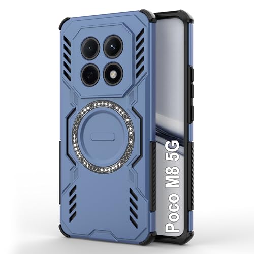 Image of amazon basics Back Case Cover for Poco M8 5G | Magnetic Case with Built-in Metal Ring | Supports MagSafe Charger, Wallet & Car Mount | Shockproof Hybrid PC + TPU | Blue