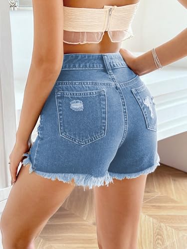Image of Aahwan Dark Blue Solid Simple Daily Distressed Denim Shorts for Women's &Girl's