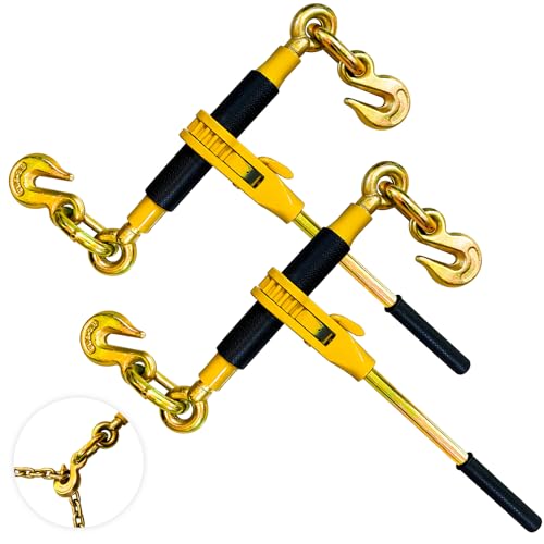 Ratchet Chain Binders 3/8" - 1/2" (2 Pack) | Adjustable Load Binder with 2 Grab Hooks for G70 Transport Chain | 9,200 Lbs Safe Working Load