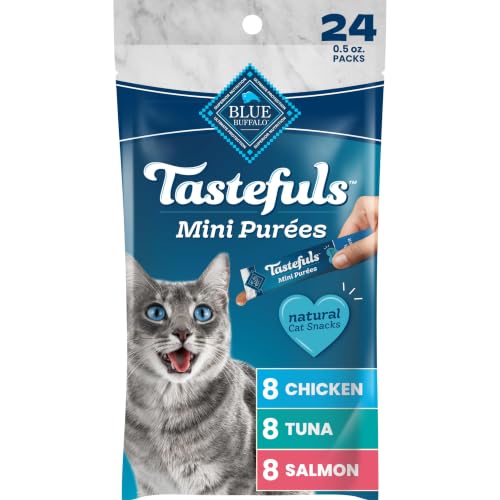 Blue Buffalo Tastefuls Mini Pures Natural Cat Treats Chicken Tuna Salmon Variety Pack 0.5 oz. Single Servings 24-Count