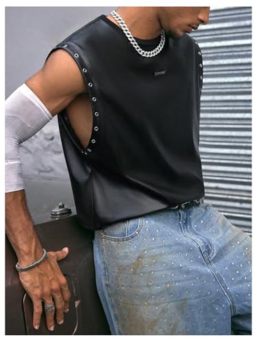 Men's Grunge PU Leather Tank Top Crew Neck Sleeveless Eyelet Grommets Summer Tank Shirt Streetwear3