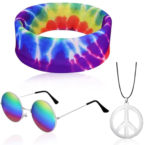 YUNHENTONG Hippie Kostüm Set, 3 Stück Hippie Kostüm Set, onnenbrille, Peace Halskette Anhänger, tirnband, Hippie Kostüm Damen Herren, Faschingkostüme 70er 80er Jahre Mottoparty Karneval Halloween