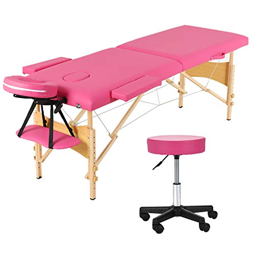 Uenjoy Folding Massage Bed with Stool, 84'' Professional 2 Fold Lash Bed with Head-& Armrest, Pink