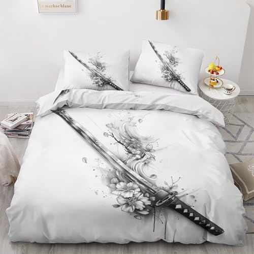 Housse de Couette Samouraï Japonais 160x200 avec 1 Taie d'oreiller 65x65 cm - Parure de Lit Fleur de Cerisier en Microfibre Douce - Linge de Lit 1 Personne...