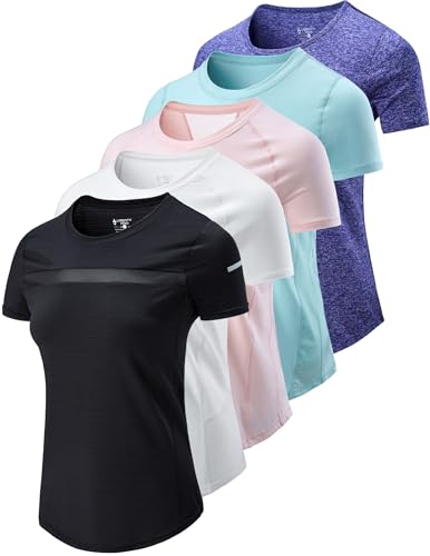 5 Pack: Women's Dry Fit Short Sleeve T Shirts, Athletic Workout Tee Tops for Gym Yoga Running
