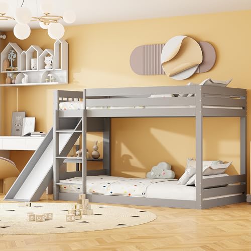 FEZTOY Kinderbett 90x200 mit Lattenrost, Rutsche und Regal, Etagenbett aus...