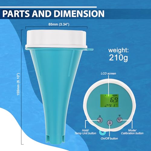 6-in-1 Wassertester mit Bluetooth & Datenspeicherung Schwimmbad-Wasserqualitätsmesser für Chlor, pH, EC (Leitfähigkeit), ORP, Salzgehalt & Temperatur, inkl. Smart-App für Pool, Hydroponik & Aquarien