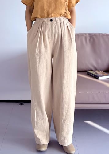 FTCayanz Women's Linen Pants Wide Leg Palazzo Pants Summer Casual Elastic Waist Trousers with Pockets2
