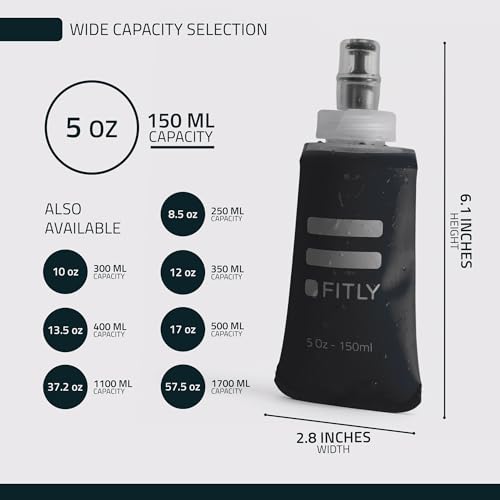 FITLY 5 oz - 150ml (F1B) Soft Water Bottle Shrink As You Drink Soft Flask for Hydration Pack Folding Water Bottle Ideal for Running, Hiking, Cycling, Climbing & Rigorous Activity, Black