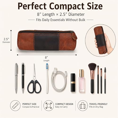 Image of Genuine Leather Pencil Pouch, Handcrafted Zipper Organizer Case with Wrist Strap, Durable Multi-Purpose Storage for Stationery, Travel & Accessories, 8 x 2.5- Tan
