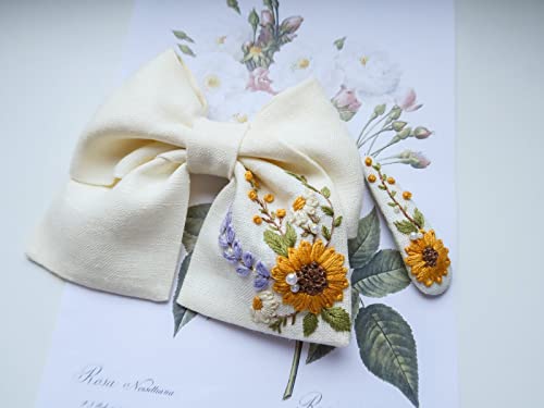 Embroidered Linen Floral Hair Bow Clip For Baby Girls Women, Baby Girl Hair Clips Big Bow Flowers, Vintage Linen Bow Hair Accessories For Girl Women, Hairbow Multicolor (Beige 1, Hair Bow Tie) #TOP25