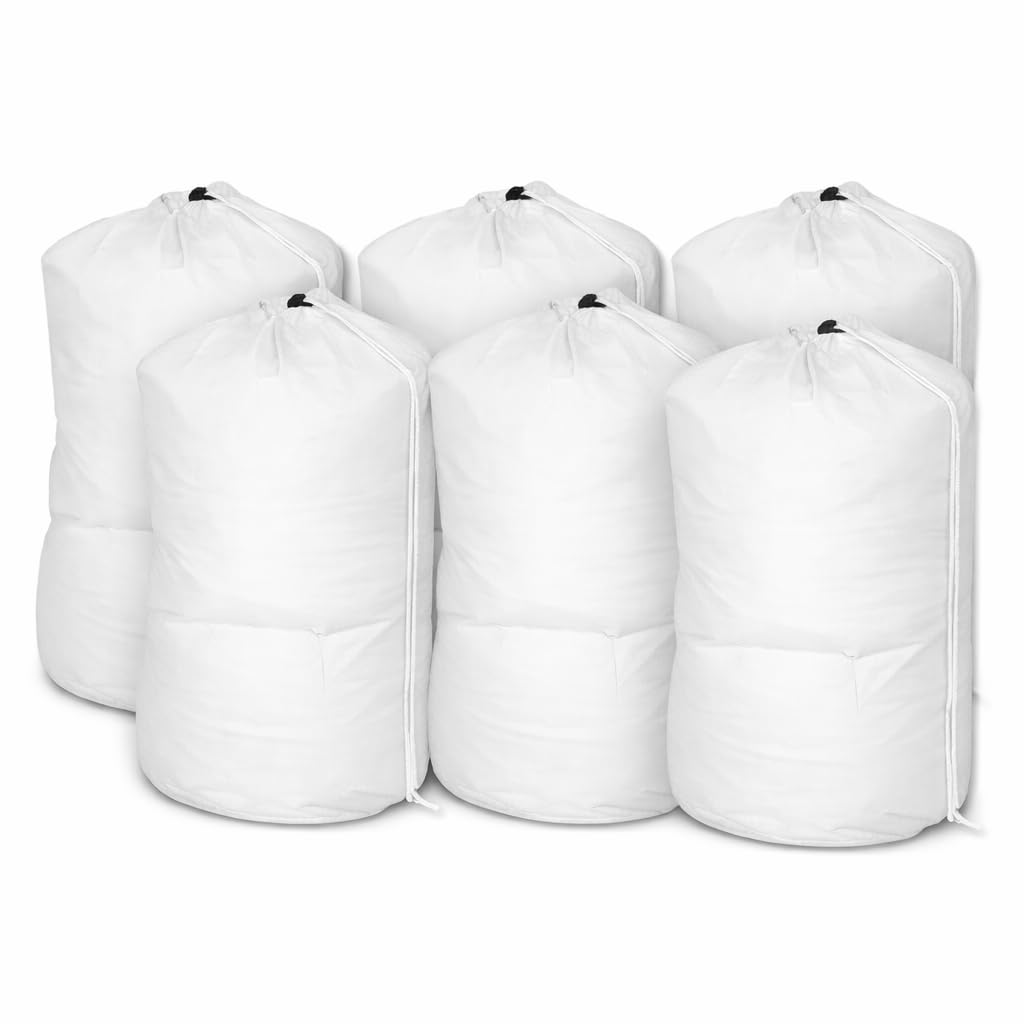 INCO-CARE Durable Laundry Bag with Drawstring and Carry Handle, Heavy Duty Reusable, Colour-Coded, Machine Washable 95°C. (Pack of 6, White)