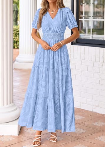 Image of KIRUNDO Summer Dresses for Women 2026 Boho Flowy Casual Short Sleeve V Neck Elastic Waist Floral Long Baby Shower Maxi Dress