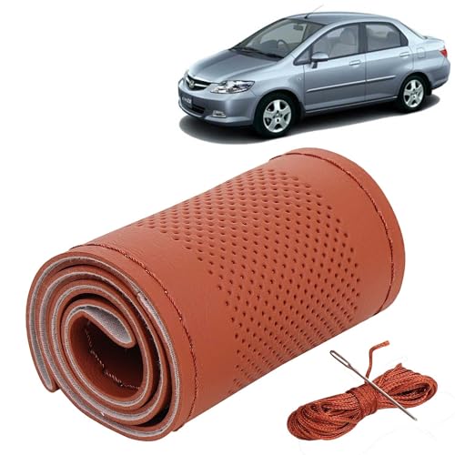Image of KINGSWAY PU Leatherite Car Steering Cover Sewable Compatible with Honda City (Year 2003-2008), Tan Color with Tan Thread, Pack of 1 with Sewing Needle and Thread