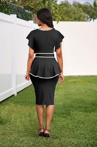 Image of Women's Vintage Bodycon Church Ruffle Sleeve Ruched Dresses Work Midi Pencil Dress