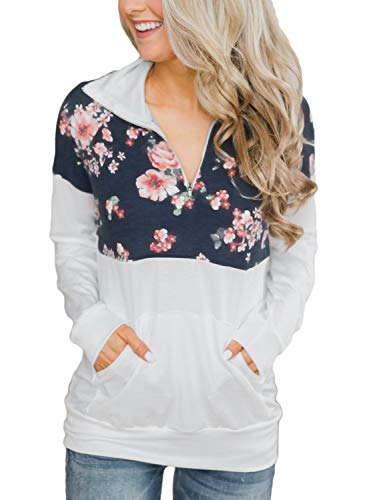 AlvaQ Womens Juniors Winter Casual Quarter Zip Long Sleeve Floral Patchwork Pullover Sweatshirt Tunic Tops with Pocket White Large