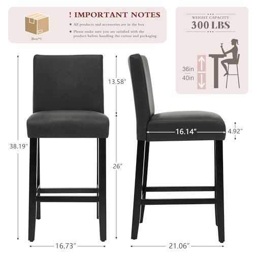 Creek Vista 26'' Faux Leather Bar Stools Set of 2, Modern Upholstered Bar Height Bar Chairs, Soild Wood Legs Barstools with Back, Black