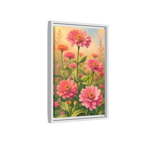 Cadre zinnia rose de qualité supérieure avec toile tendue 30x45 cm chic