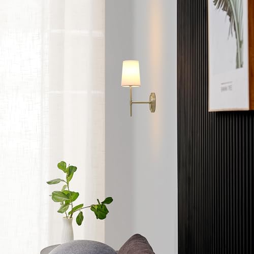 Image of Globe Electric 51861 Clarissa 1-Light Wall Sconce, Matte Brass, White Fabric Shade, Bulb Not Included