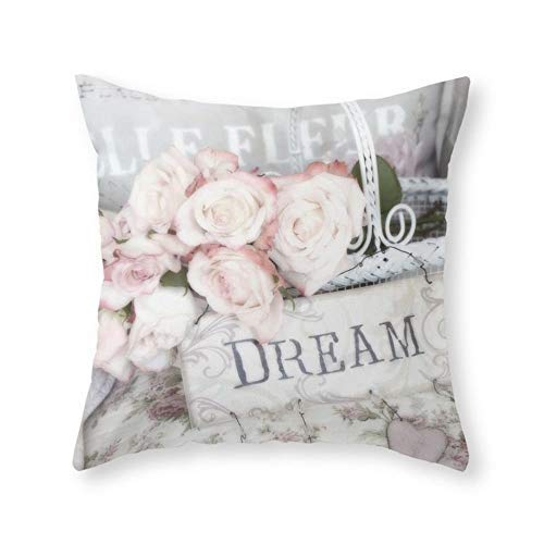 No Brand Shabby Chic Basket Dream Roses Copricuscino Decorativo in Misto Cotone e Lino, 18 x 18 cm, per Vacanze, Divano, casa, Auto, cameretta dei Bambini