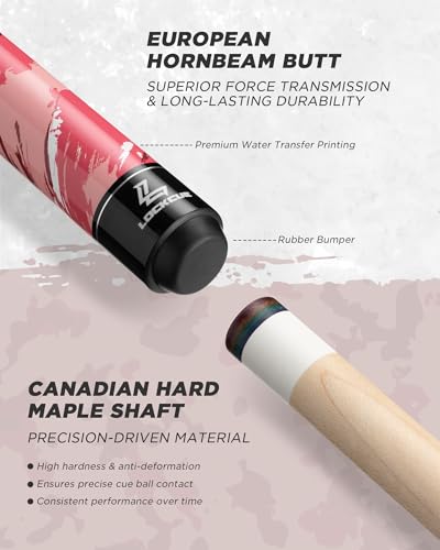LOCKCUE Pool Cue Stick 18oz, 58-inch Pink Billiards Cue with 12.5mm Leather Tip, 18 Joints & Black Ferrules - Precision Control for All Players — view 6