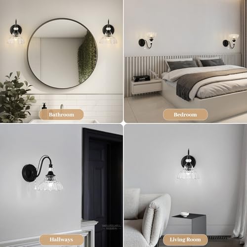 Image of 1 Piece Black Wall Sconce, 1-Light Black Farmhouse Wall Sconce with Hanging Crystal Accents and Flower-Shaped Clear Shades for Bathroom Bedroom Living Room,Vintage Vanity Light