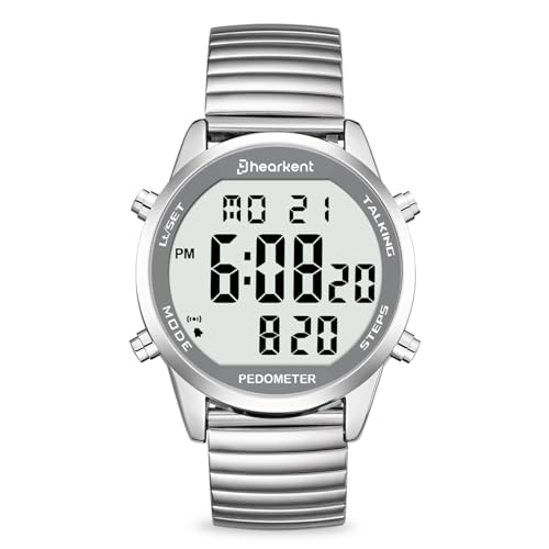 Hearkent Digital Talking Watch with Pedometer Announces time/Date/Steps/Calories in English Gift for Elderly Blind&Visually impaired 5 Alarm Reminders+Hourly Chime EL Backlight (silver expansion band)