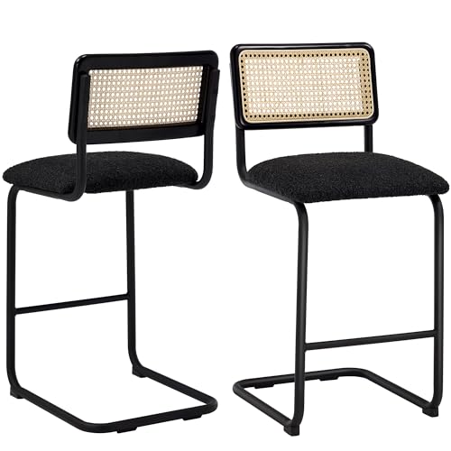 Image of ONEVOG Counter Stools with Natural Rattan Backs, 26'' Bar Stools Set of 2, Island Kitchen Counter Seats, Wood Frame and Metal Chrome Legs, Modern Bar Chairs, Cantilevered, Black