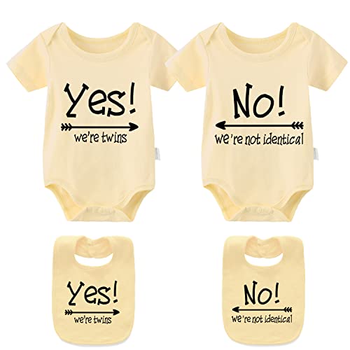 Image of YSCULBUTOL 2 Pack Baby Twins Bodysuits Yes We're Twins No We're Not Identical Infant Romper Twin Unisex Outfits 0-12M(Yellow 6m)