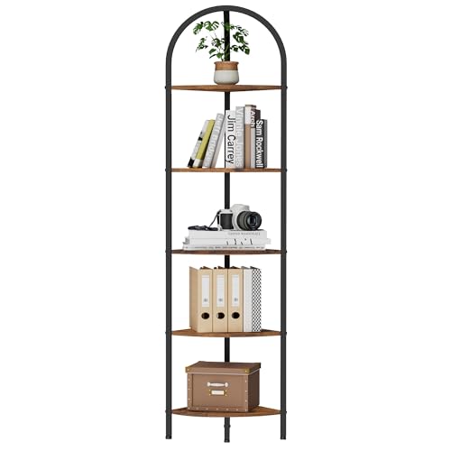 Homhedy 5-Tier Arched Corner Shelf Stand, Wall Corner Bookshelf with Metal Frame, Plant Stand, Industrial Storage Rack Shelf for Living Room, Bedroom, Office, Bathroom, Rustic Brown and Black