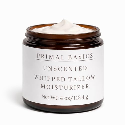 Primal Basics 100% Grass Fed Grass Finished Whipped Beef Tallow Moisturizer/Body Balm for Face Body Oily Dry Sensitive Skin -Contains Vitamins A D E K -USA Made (4 oz Unscented)