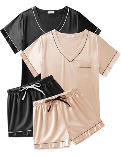 Image of Ekouaer 2 Pack Silk Pajamas for Women Short Sleeve Satin Pj Set Soft V neck Sleepwear Loungewear, S-XXL
