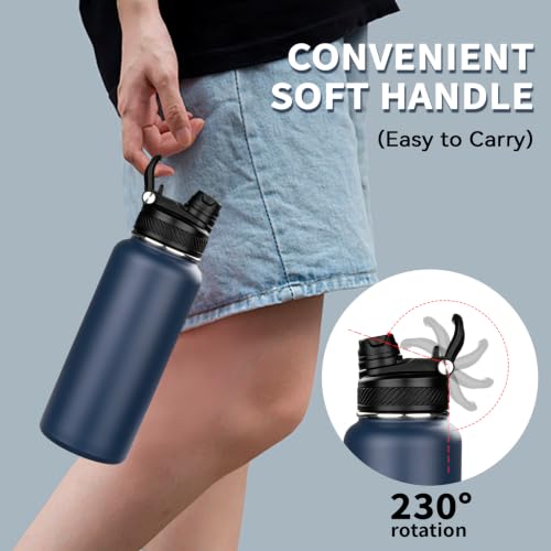 Image of 32 oz Insulated Water Bottle with Leak-proof 2-in-1 Straw and Spout Lid,Stainless Steel Sports Water Bottle with Handle,Double Wall Vacuum Metal Water Flask for Travel Camping School (Navy blue,1)