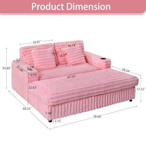 Image of QHITTY 58'' Plush Faux Rabbit Fur Chaise Loveseat with Charging Station & Cup Holder and Pillows, Upholstered Corduroy Chaise Loveseat Sofa Recliner Longue Indoor Couch for Living Room, Bedroom, Pink